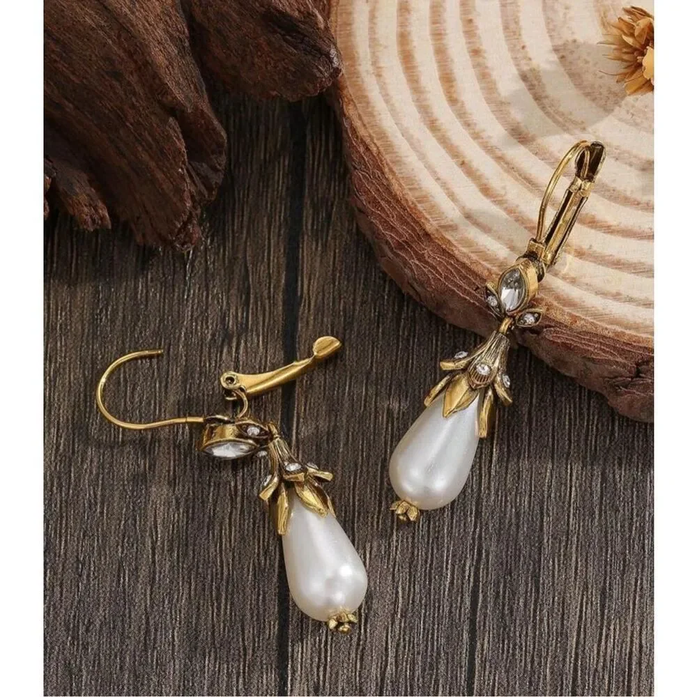 Antiqued Brass Pearl Drop Earrings